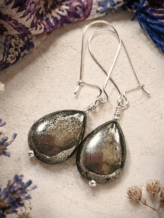 Kachina Jewelry Jewelry - Pyrite Teardrop Earrings 925 Sterling Silver Genuine Gemstone Jewelry